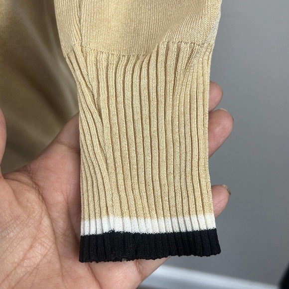 Exclusively Misook Tan Knit Cardigan Jacket S Buttoned black white trim - Picture 8 of 11